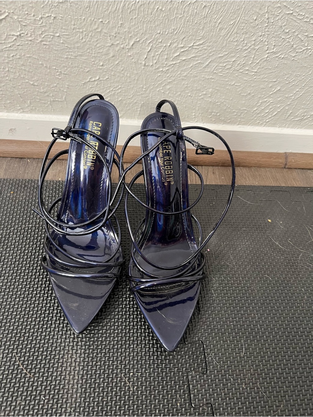 Cape Robbin Navy Patent Strappy Pointed Toe Heels